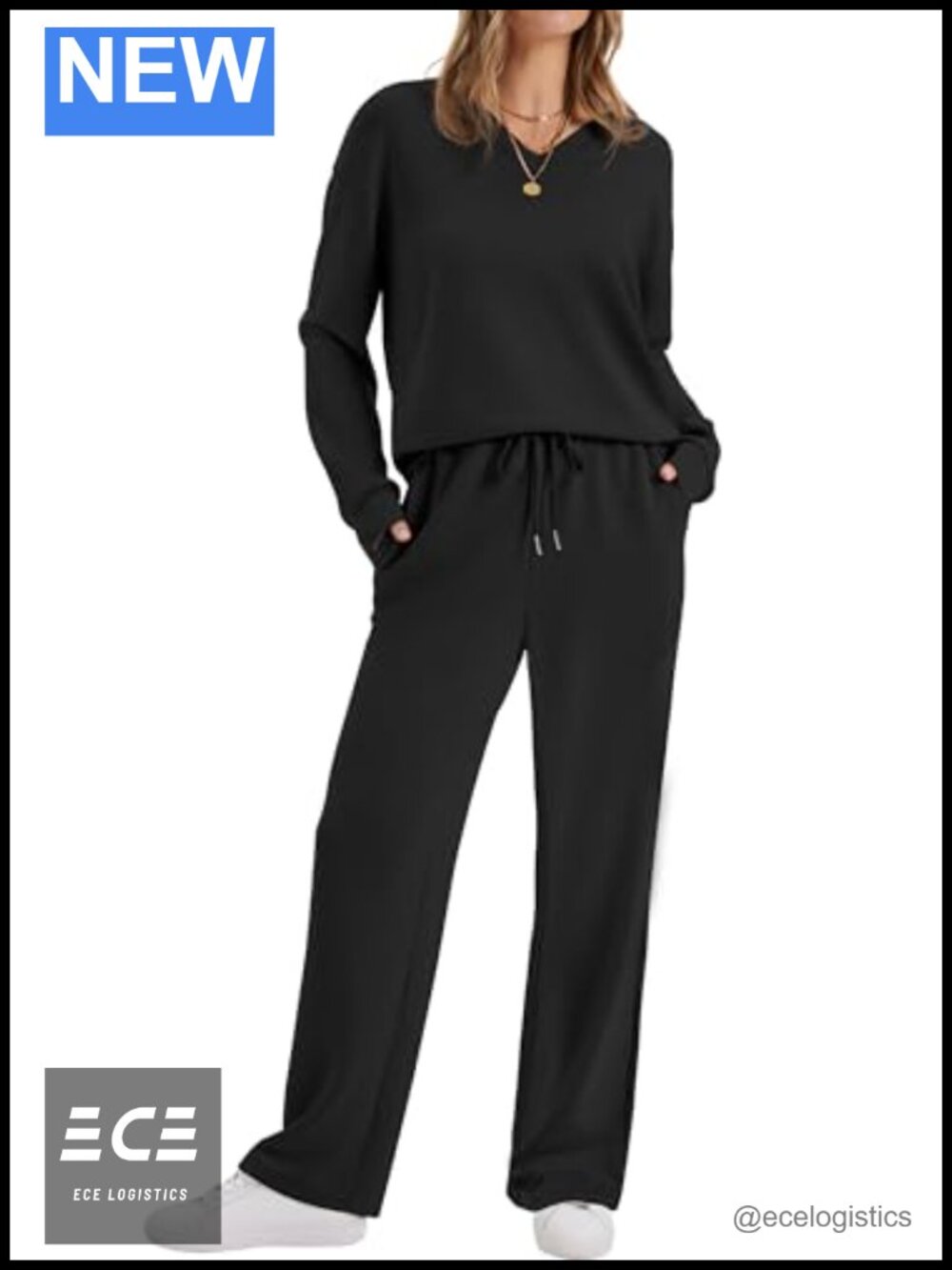 WIHOLL 2 Piece Lounge Set Long Sleeve V-Neck Pullover Wide Leg Pants Matching